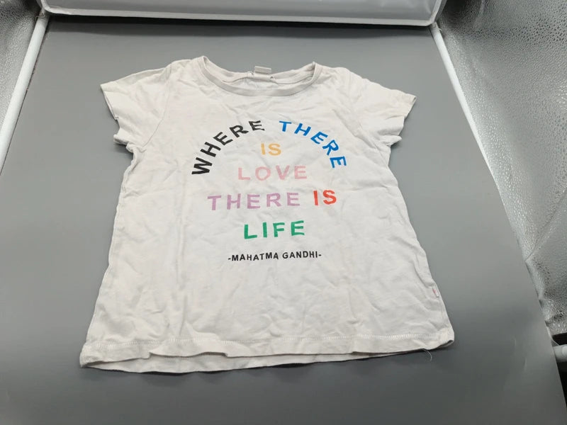 Weißes H&M Kinder-T-Shirt Größe 110/116 mit buntem Schriftzug, Vorderseite