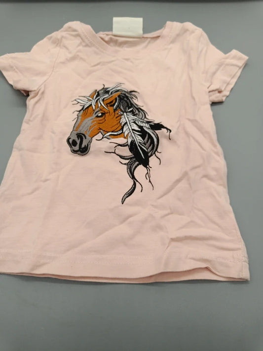 Roséfarbenes Kinder-T-Shirt mit Pferde-Motiv in Größe 92, Vorderseite