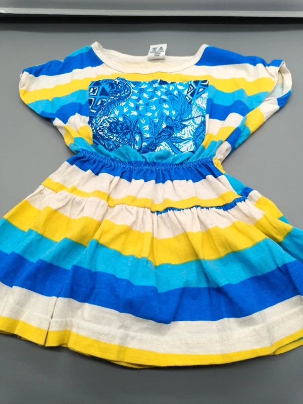 Pilou bunt gestreiftes Kinderkleid Größe 98 in Blau Türkis Gelb und Weiß, Vorderseite