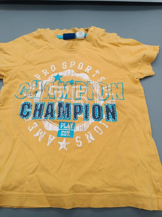 Gelbes Lupilu T-Shirt Größe 86/92 mit Champion-Aufdruck, Vorderseite