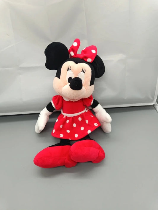 Rotes Minnie-Mouse-Plüschtier mit weiß gepunktetem Kleid, etwa 30 cm hoch, Vorderseite