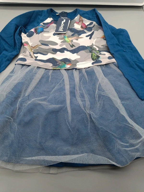 MMDADAK Kinderkleid Größe 104 mit Vogelmotiv und blauem Tüllrock, Vorderseite mit Etikett