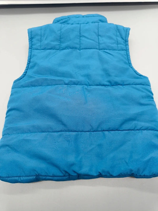 Rückseite der leuchtend blauen wattierten Kinderweste, Größe 80