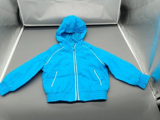 Türkisblaue Kinderjacke mit Kapuze und weißen Details, Größe 74, Vorderseite