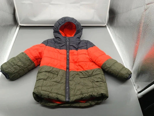 Gefütterte Kinder-Steppjacke in Dunkelgrau, Rot und Olivgrün mit Kapuze, Größe 74
