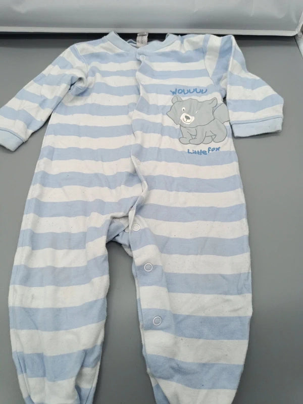 Baby Club Strampler Größe 80 hellblau-weiß gestreift mit Tiermotiv, Vorderseite