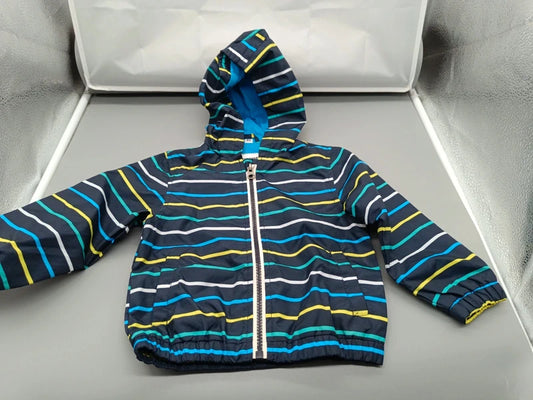 Dunkelblaue Kinderjacke mit bunten Wellenstreifen und Kapuze, Größe 80, Vorderseite
