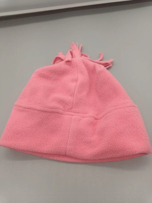 Rückansicht der rosa Fleece-Kindermütze mit Zipfel und Umschlagrand
