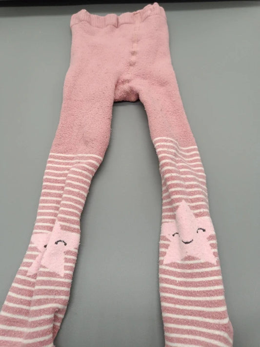 Baby Strumpfhose Rosa Ajour-Strick Ringel-Streifen Lächelnde Sternchen-Knieapplikationen Vorderansicht Gr. 74