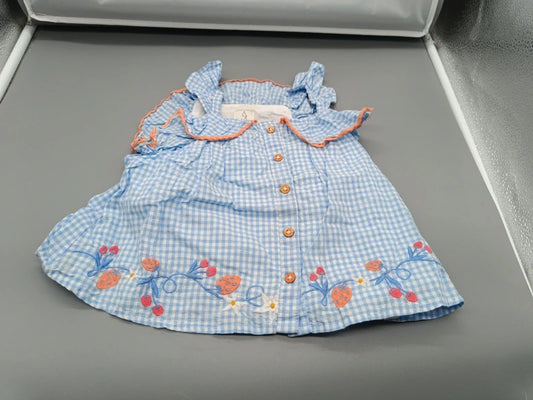 Baby Mädchen Trägerkleid Hellblau Vichy-Karo Rüschenkragen Erdbeer-Stickerei Gesamtansicht Gr. 80