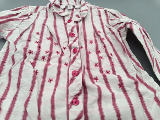 Mädchen Bluse Rosa Streifen Blümchen-Stickerei Nahaufnahme pinke Knöpfe Gr. 80