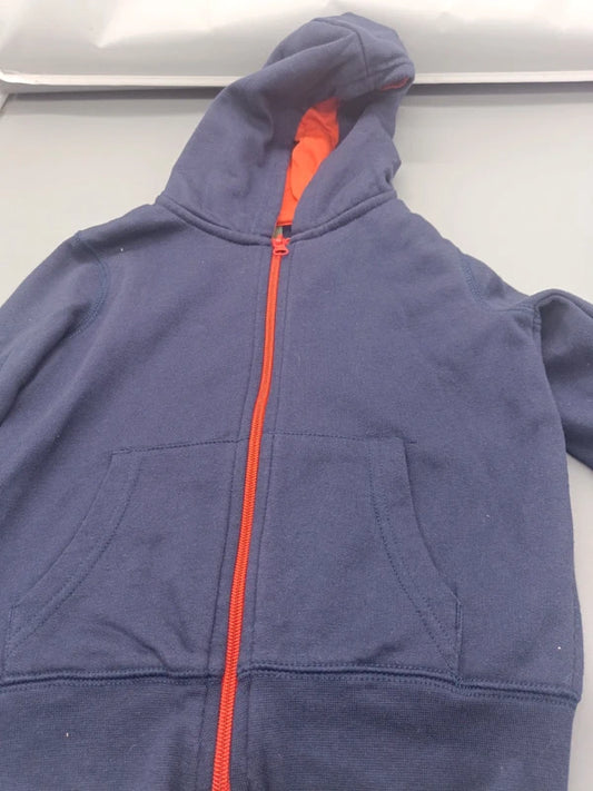 Kinder Zip-Hoodie Sweatjacke Navy Dunkelblau Orange-Reißverschluss Kapuze Känguru-Taschen Nahaufnahme Vorne Gr. 92