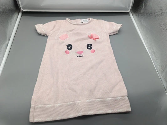 Mädchen Strickkleid Rosa Bär-Gesicht Gesamtansicht Kurzarm Rippstrick-Saum Mini Mouse Gr. 116