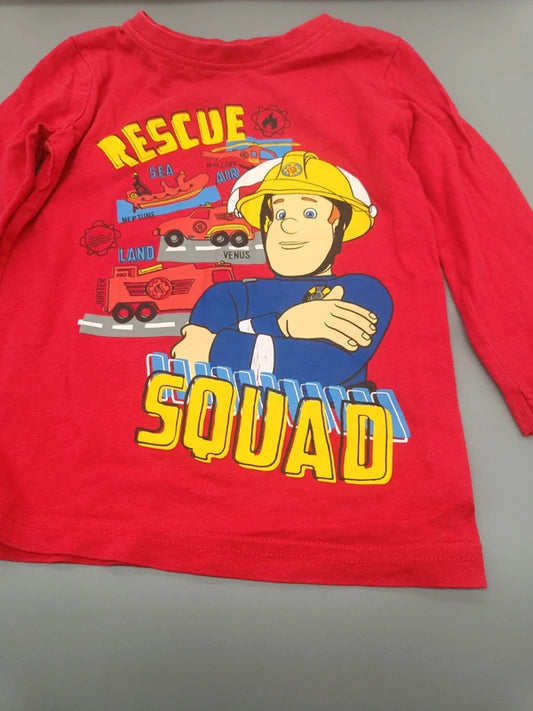 Kinder Langarmshirt Rot Feuerwehrmann Sam Rescue Squad Print Nahaufnahme Gr. 92