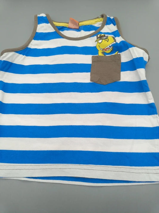 Jungen Tanktop Blau-Weiß Streifen T-Rex Cowboy Dino Brusttasche Vorderansicht Gr. 92