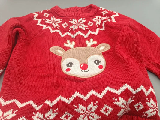 Baby Weihnachtspullover Rot Rudolph Nahaufnahme rote Nase Geweih Applikation