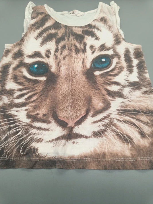 Mädchen Tanktop Weiß Weißer Tiger Foto-Print Vorderansicht Nahaufnahme Gesicht Gr. 110