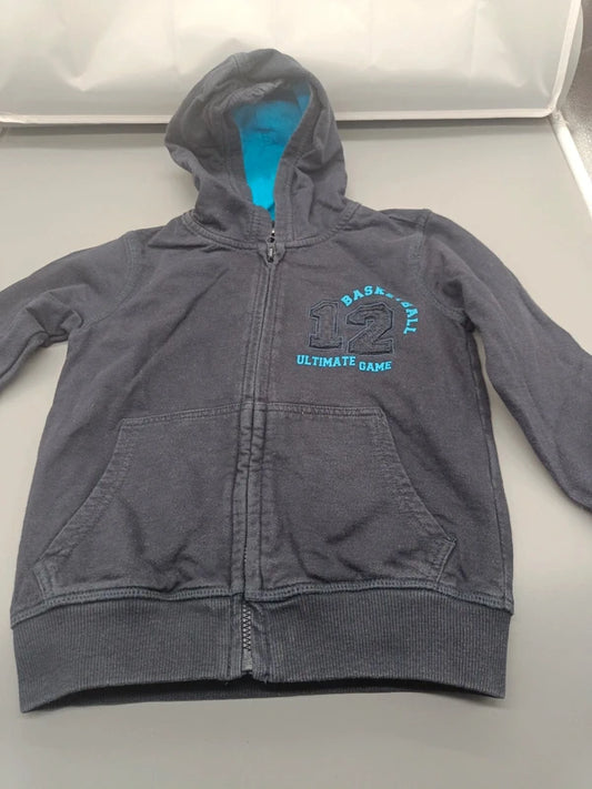 Kinder Zip-Hoodie Dunkelgrau Basketball 12 Stickerei Türkis Kapuze Gesamtansicht