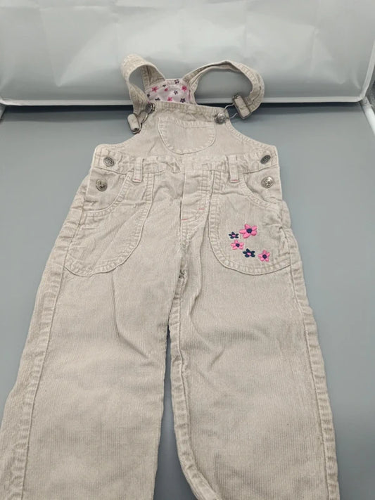 Baby Cord-Latzhose Beige Gestickte Blumen Vorderseite