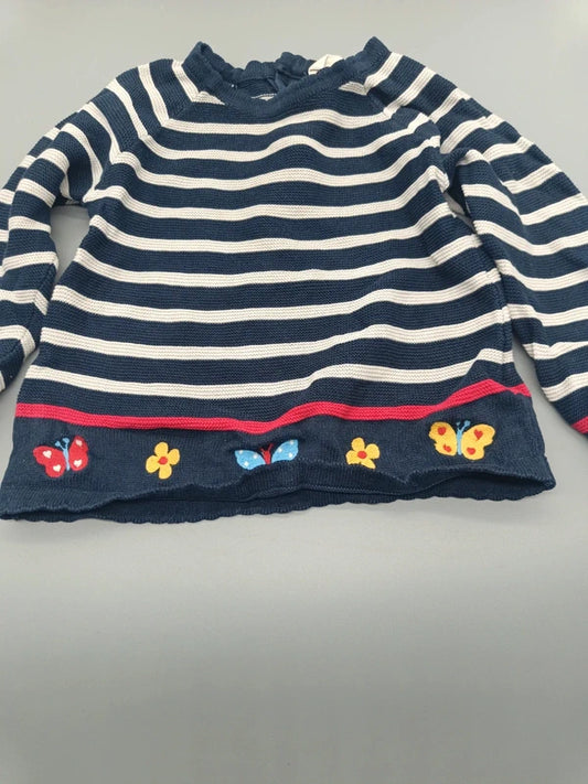 Mädchen Strickpullover Marine Streifen Applikationen Saum Nahaufnahme