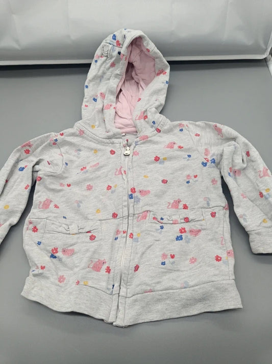 Hellgrauer Baby Zip-Hoodie mit Häschen- und Blumen-Print in Größe 80, Vorderseite