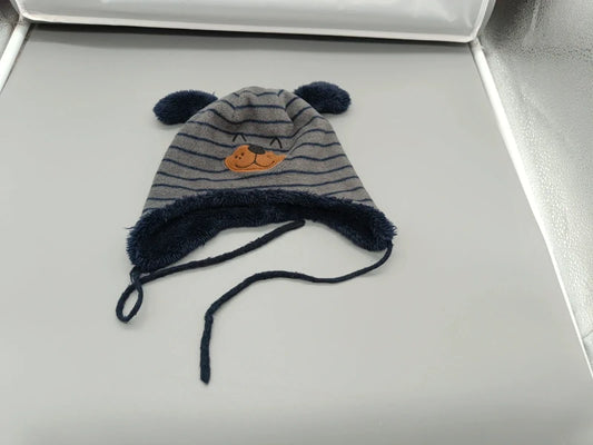 Baby Wintermütze Bär Grau Blau Gestreift Fleece Ohren Vorderseite
