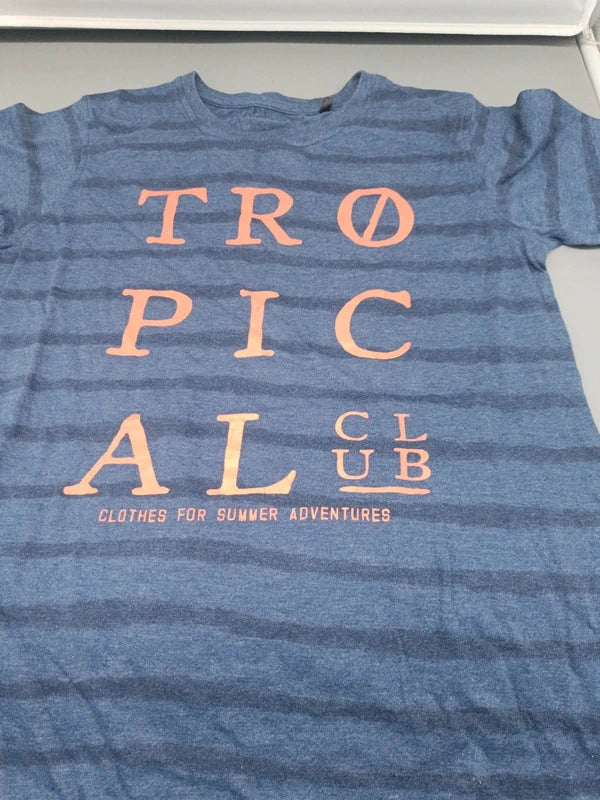 Kinder T-Shirt Tropical Club Jeansblau Streifen Print Nahaufnahme