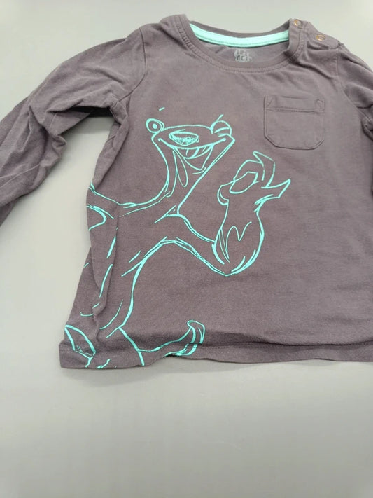 Detailansicht des türkisfarbenen Fuchs-Motivs auf einem dunkelgrauen Kinder-Langarmshirt in Größe 86