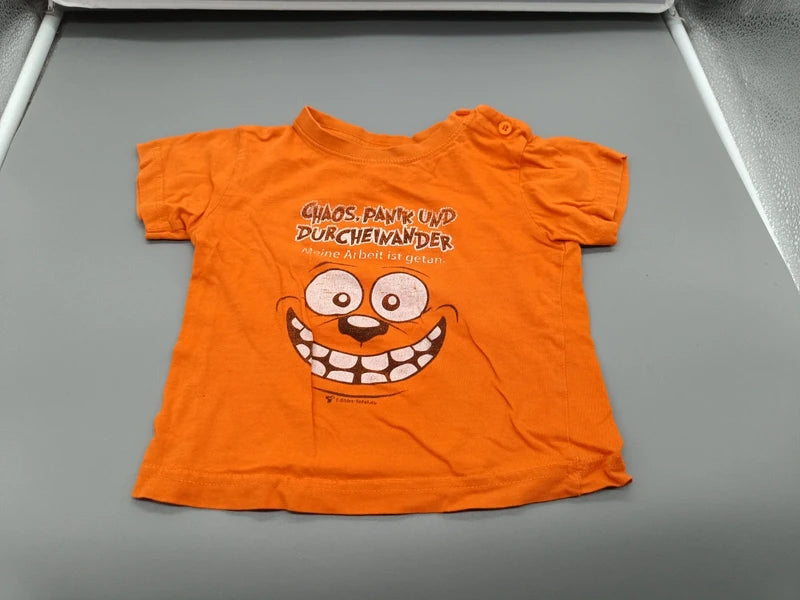 Orangefarbenes Anna & Philip T-Shirt Größe 92 mit großem Gesicht und Schriftzug, Vorderseite