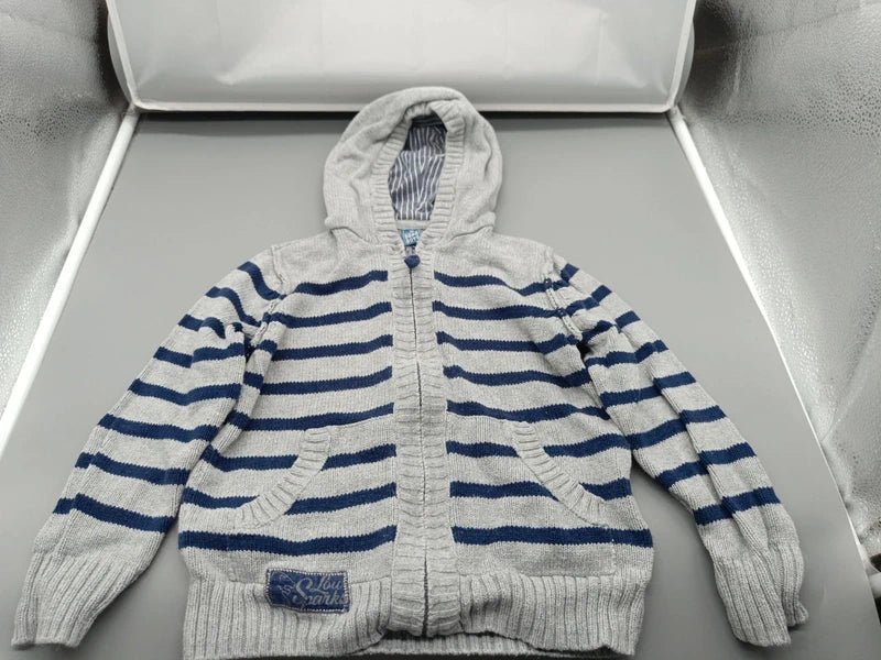 Grau-blau gestreifte dopodopo boys Strickjacke Größe 98 mit Kapuze und Taschen, Vorderseite
