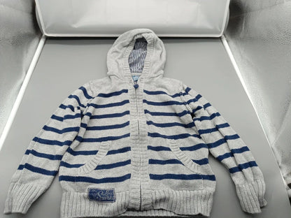 Grau-blau gestreifte dopodopo boys Strickjacke Größe 98 mit Kapuze und Taschen, Vorderseite
