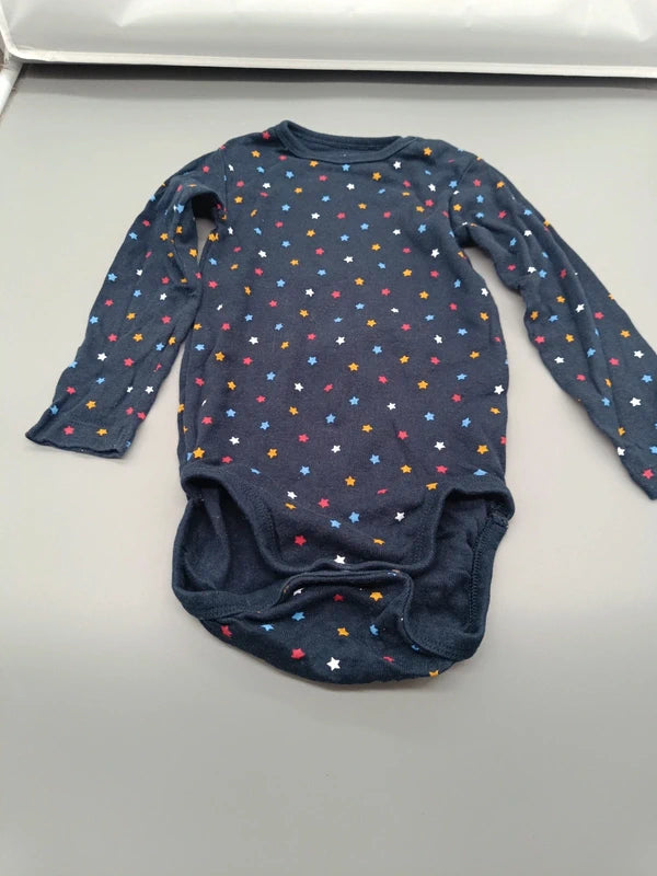 Marineblauer H&M Langarmbody Größe 86 mit buntem Sternenmuster, Vorderseite