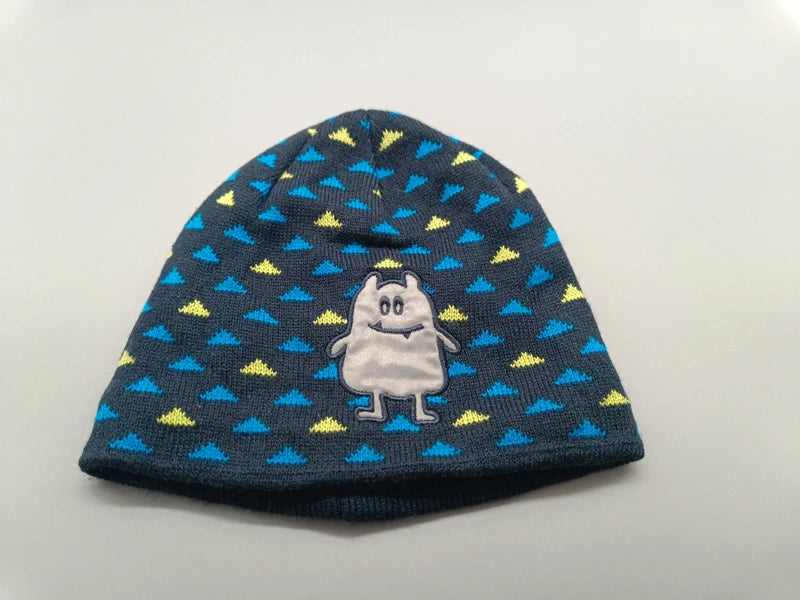 Dunkelblaue Pocopiano Mütze Größe 46/47 mit blau-gelbem Muster und Monster-Applikation