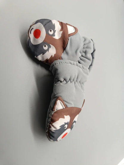 Graue Kinder-Fausthandschuhe mit Tiergesichtern, Größe 1/2