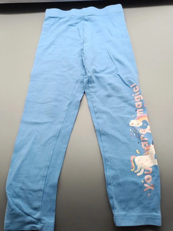 Hellblaue DopoDopo Kinder-Leggings mit Einhornmotiv, Vorderseite