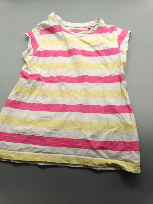 Kiki & Koko T-Shirt Größe 104 mit pink-gelben Streifen auf weißem Grund, Vorderseite