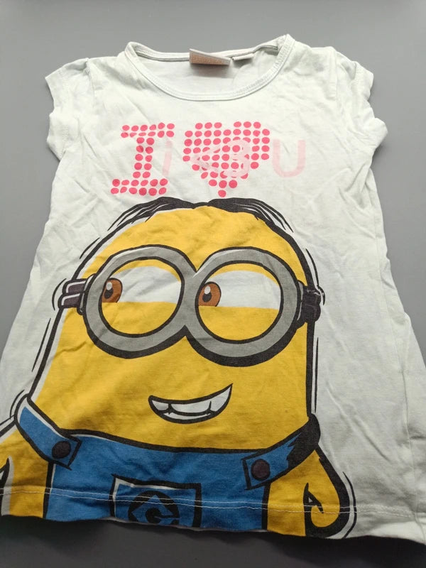 Weißes T-Shirt mit großem gelbem Minion-Aufdruck Größe 98/104, Vorderseite