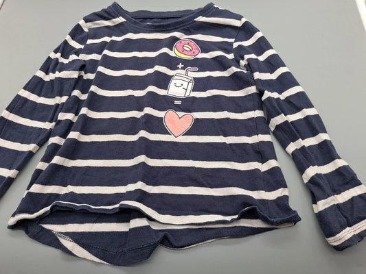 Dunkelblau-weiß gestreiftes Langarmshirt mit Donut-, Trinkbecher- und Herz-Print in Größe 98, Vorderseite