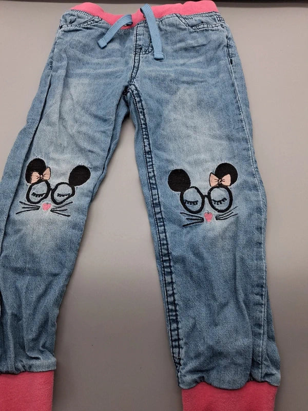 Blaue Kiki & Koko Kinder-Jeanshose Größe 104 mit pinken Bündchen und Mausmotiven