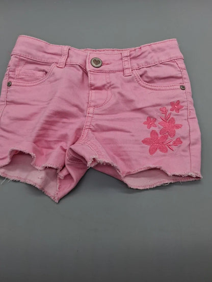 Vorderseite der fliederfarbenen DopoDopo Kinder-Shorts mit Blumenstickerei Größe 104