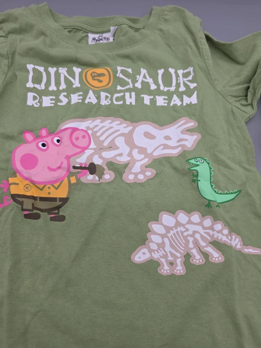 Detail des Dinosaur Research Team Motivdrucks auf dem grünen Shirt