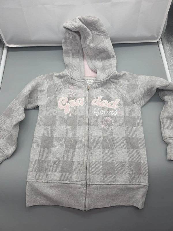 H&M L.O.G.G. Kapuzen-Sweatjacke grau-rosé kariert in Größe 122/128