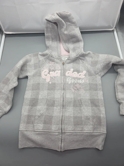H&M L.O.G.G. Kapuzen-Sweatjacke grau-rosé kariert in Größe 122/128