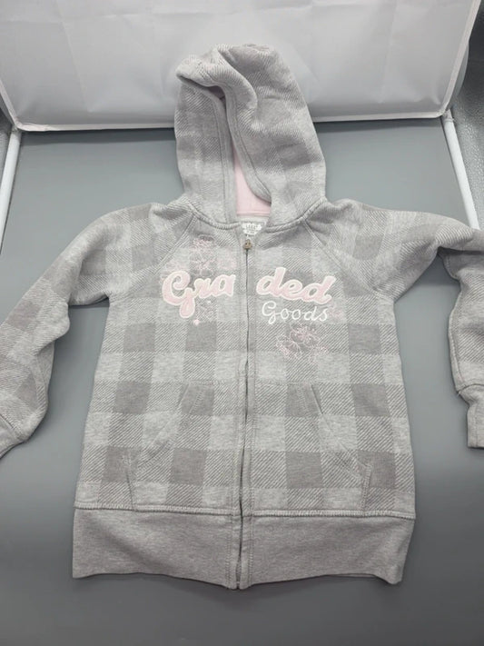 H&M L.O.G.G. Kapuzen-Sweatjacke grau-rosé kariert in Größe 122/128
