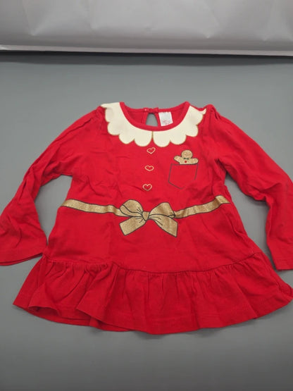 Rote C&A Baby-Weihnachtstunika mit Schleifenmotiv und Rüschen, Größe 80
