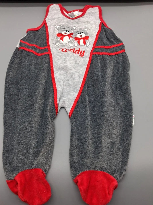 Grau-roter Twins Strampler mit Teddymotiv und Füßen in Größe 62