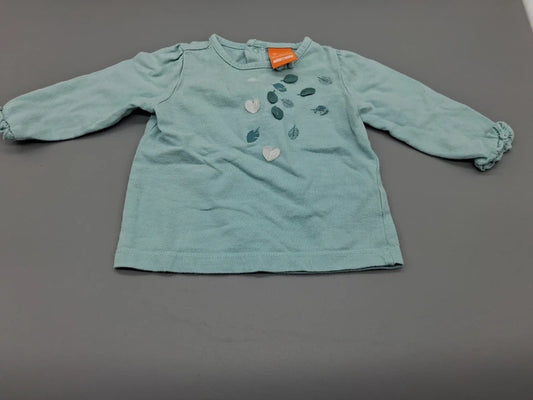 Türkisfarbenes Pusblu Babysweatshirt mit Blattmotiv in Größe 62, Vorderansicht