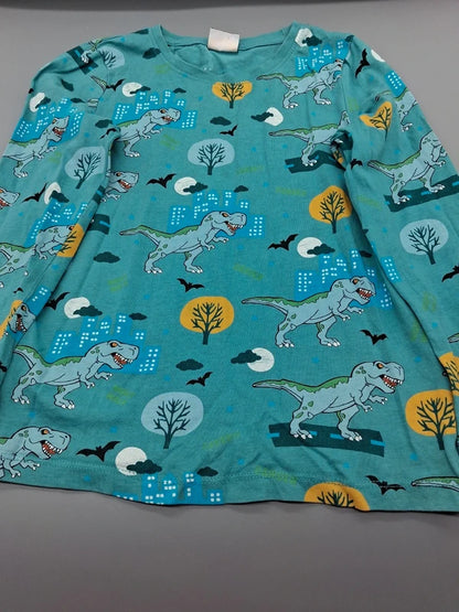 Detailansicht des Dinosaurierprints auf dem türkisfarbenen Sweatshirt