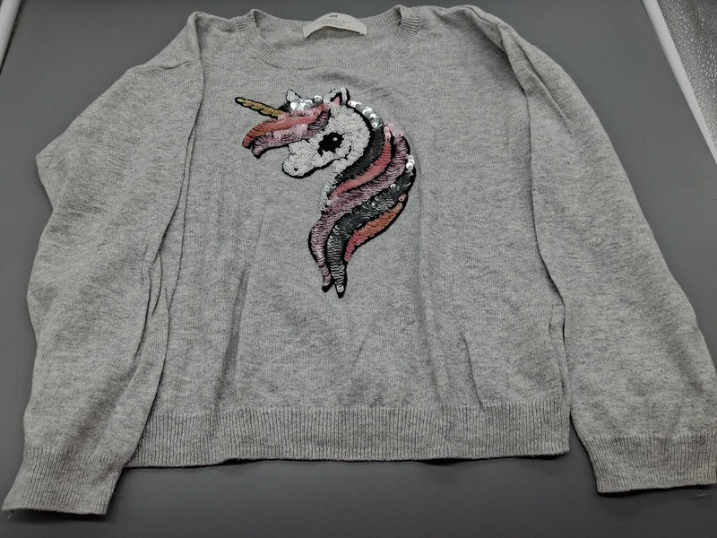 Grauer H&M Einhorn-Pullover mit Pailletten in Größe 110/116, Vorderansicht