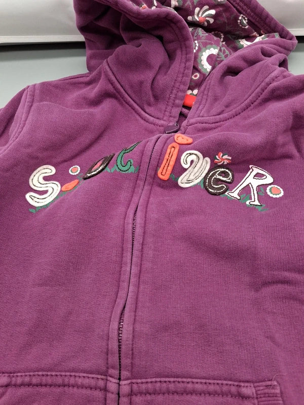 Kinder-Sweatjacke lila mit Kapuze und Blumenmuster, Größe 128/134